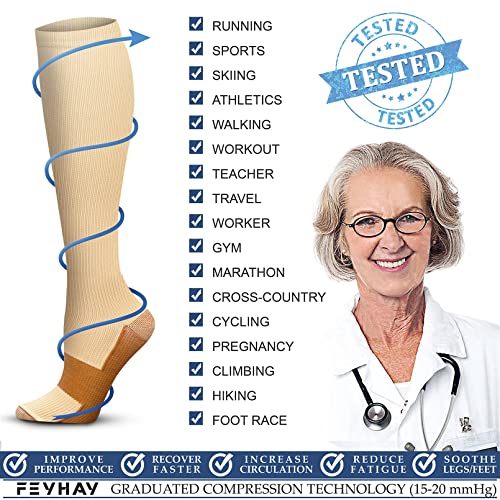 Image of FEYHAY Copper Compression Socks (3 Pairs) 15-20 mmHg Circulation is Best Athletic & Daily for Men & Women, Running, Climbing
