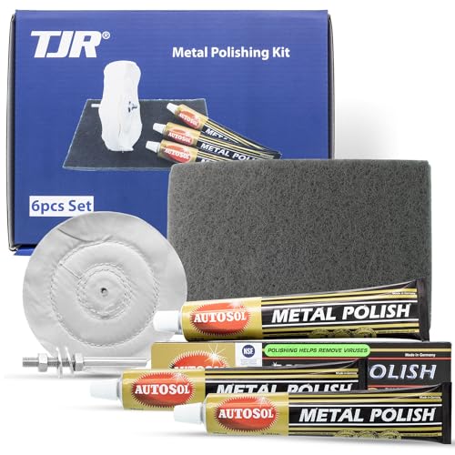 Kit de polissage (6 pièces): 3 tubes de polissage pour métal de 75 ml, 150 x 230 mm, tampon abrasif en non-tissé très fin, brosse en tissu de 130 mm, tige de 6 mm...