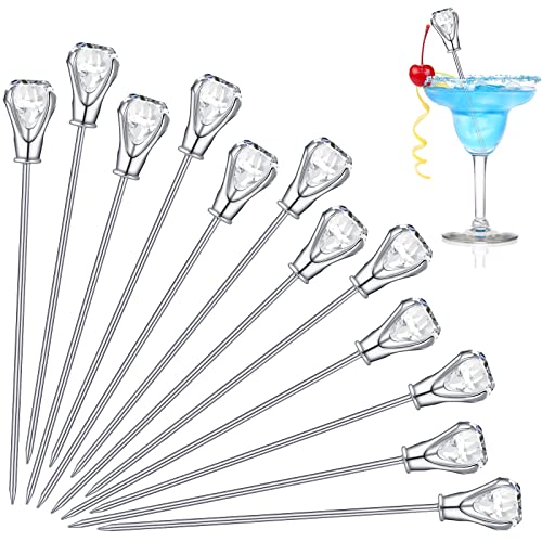 12 Pcs Stainless Steel Cocktail Picks for Drinks Diamond Garnish Picks Cocktail Toothpicks Clear Rhinestone Head Cocktail Skewers Reusable Martini Picks for Cocktails Drink Olive Stir, 4.7 Inch