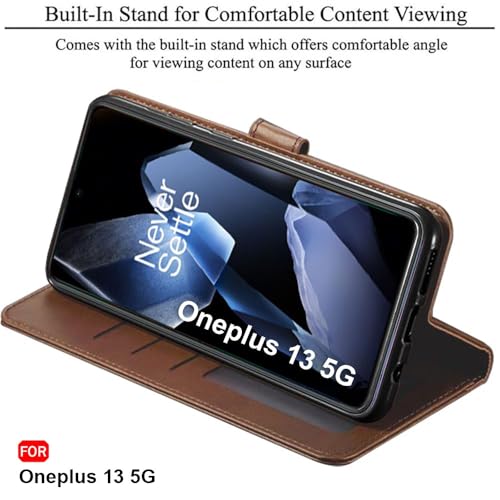Image of TheGiftKart Flip Cover Back Case for OnePlus 13 5G | Genuine Leather Finish | Designer Button | Inbuilt Pockets & Stand | Wallet Style Flip Back Cover Case for OnePlus 13 5G (Faux Leather, Brown)