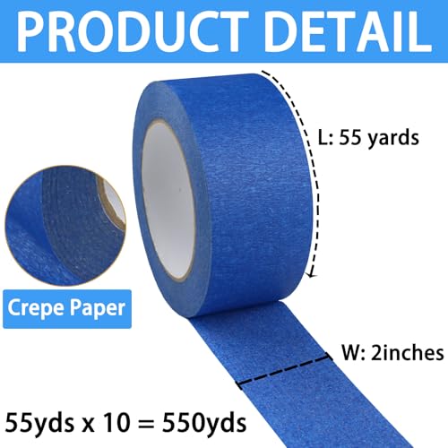 Image of ALIRICH Blue Painters Tape 2 Inch Wide, Paint Tape 10 Rolls x 2 Inches x 55 Yards for Walls Painting Packing Automotive Home Improvement DIY Paper Arts, Total 550 Yards