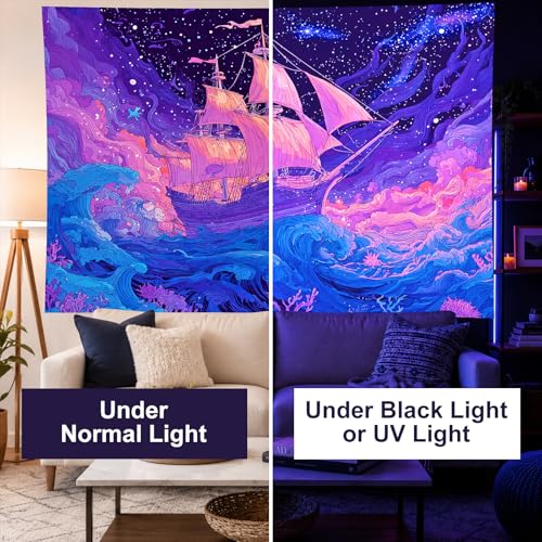 Image of BlissYard Psychedelic Ocean Ship Black Light Tapestry UV Reactive Trippy Sea Wave Wall Hanging 78x59 Inch Neon Sailing Scene Starry Sky Decor For Bedroom Living Room Dorm Party Decoration