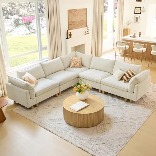 Image of CHITA 118 inch Super Large Sectional Couches for Living Room, Modular Cloud Couch Sectional Sofa, Premium Fabric Couches, Down Filled, High Density Foam, Chenille in Cream, 5 Seat Corner Couch