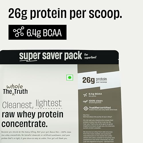 Image of The Whole Truth Whey Protein Concentrate Unflavoured | 4 kg (8.8 lbs) | 26g Protein per scoop | 6.4g BCAA | No Adulteration | Clean and Light | Muscle Building | Vegetarian