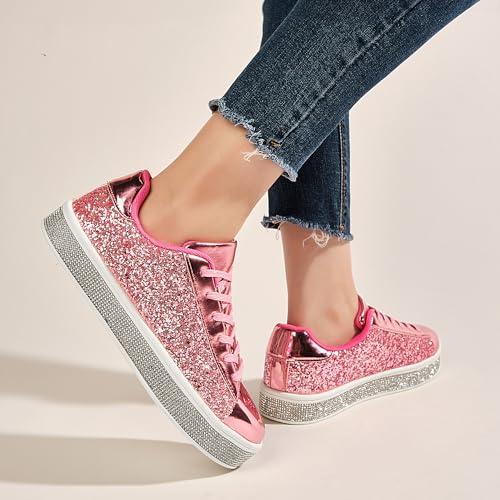 Image of UUBARIS Women's Glitter Tennis Sneakers Neon Dressy Sparkly Sneakers Rhinestone Bling Wedding Bridal Shoes Shiny Sequin Shoes
