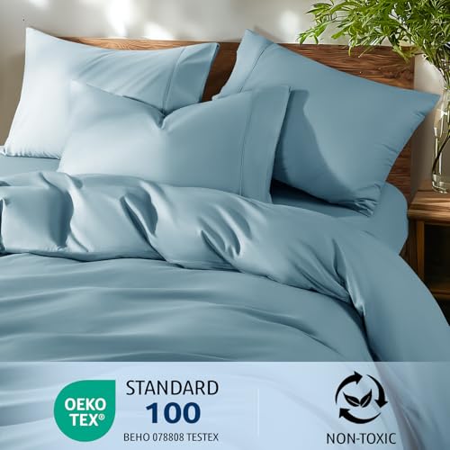 Shilucheng 100% Cotton Queen Size Duvet Covers - 600 Thread Count, Luxury Sateen Weave Egyptian Cotton Comforter Cover with Zipper Closure,Hotel Bedding Duvet Covers 3 Piece (French Blue)