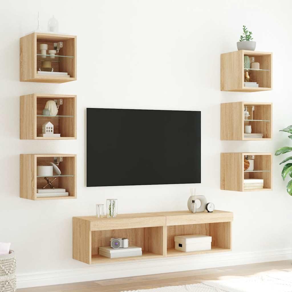 8-TLG. Wohnwand Sonoma Roble Holzwerkstoff, Wandmontage RGB-LED-Beleuchtung Stauraum für Wohnzimmer, Medien & Bücher 30x28,5x30cm, Feuchtigkeitsbeständig