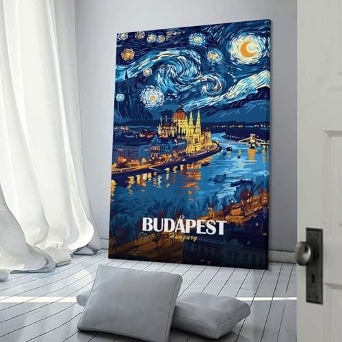 Tableau Budapest nuit étoilée déco murale pour couloir, escalier et salon