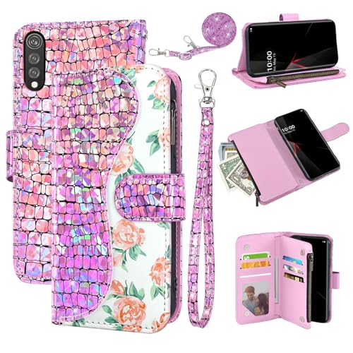 Dibosom Floral Wallet Case for LG Velvet 5G/LGVelvet Verizon G5 UW T-Mobile 2020 with Wrist Strap Shoulder Strap Flip Zipper Purse Card Holder,Stand Glitter Phone Cover for LM G900UM 4G Tmobile Pink