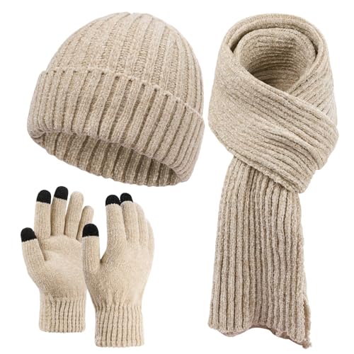 LiuSuper Hat Scarf Glove Set for Women, with Womens Beanies for Winter, Long Scarf and Touchscreen Gloves 3 in 1