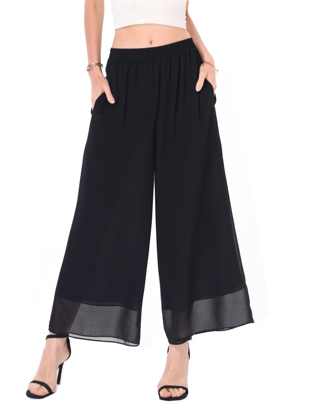 Photo 1 of heipeiwa Women's Capris Crop Chiffon Pants Summer Beach Vacation Culottes Casual Dress Wide Leg Palazzo Pants Black