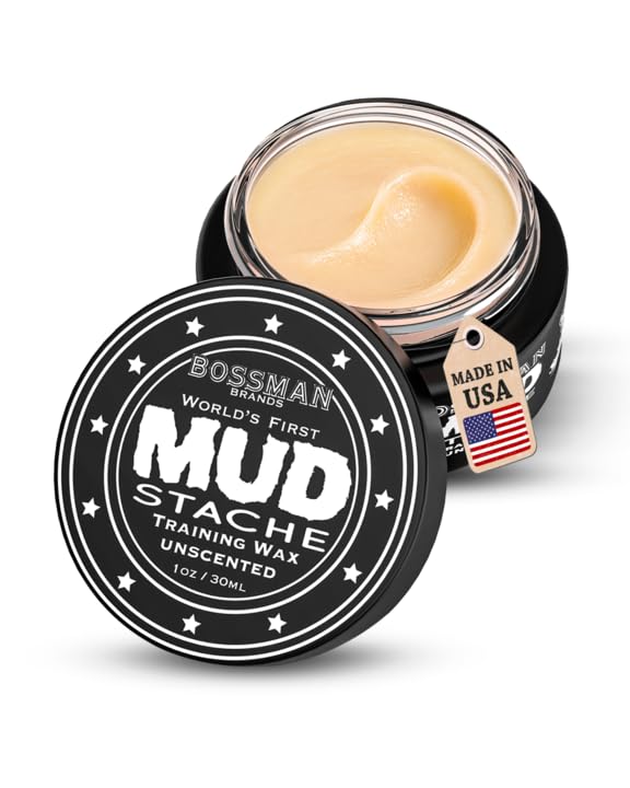 Bossman MUDstache Unscented Mustache Wax for Men (1 oz) – Strong 24-Hour Hold, Non-Tacky & Easy to Apply for Taming & Styling