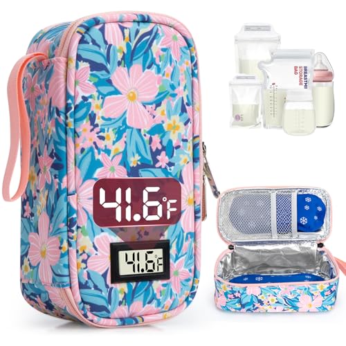 Image of WIBOND Breast Milk Cooler Travel Bag, Real-Time Temperature Display, Holds 4-6 Breastmilk Storage Bag with 2 Breast Milk Ice Pack, Cooling & Waterproof Portable Cooler for Moms on the Go (Pink Flower)