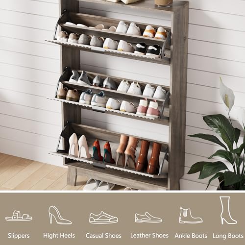 Image of Shoe Cabinet Storage for Entryway with 3 Flip Drawers, Fluted Narrow Shoe Organizer with Wooden Legs, Freestanding Slim Shoe Storage Hidden Shoe Rack Organizer for Front Door Entrance, Hallway, Grey