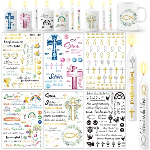 DPKOW 6 Feuilles de Tatouage pour Bougies Confirmation Baptême Communion Transfert d'eau pour décoration de Bougies
