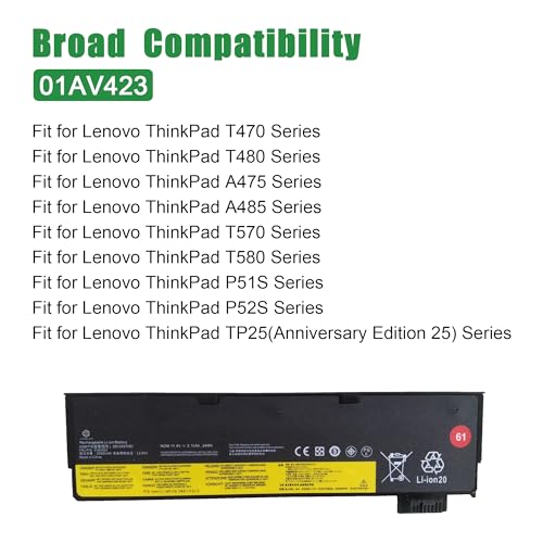 Image of 01AV423 SB10K97580 Laptop Battery Replacement for Lenovo ThinkPad T470 T480 A475 A485 T570 T580 P51S P52S TP25 Series 61 4X50M08810 01AV422 SB10K97579 01AV424 01AV452 01AV490 11.4V 24Wh