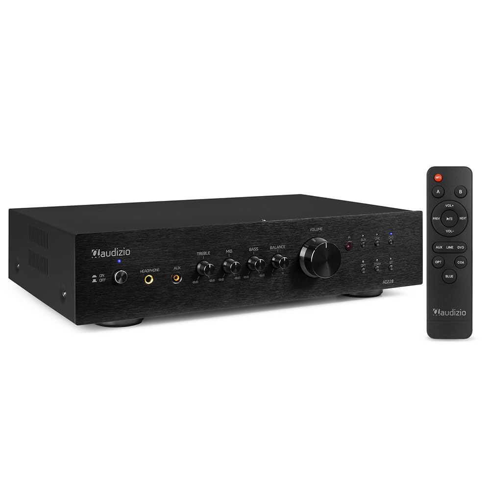 Audizio AD220B Amplificador estéreo Hi-FI de 400w y Bluetooth, 1 Salida subwoofer, Salida óptica y coaxial, 2 Salidas de Altavoz, MP3, EQ, Ideal para Ver peliculas o Escuchar tu música, Color Negro