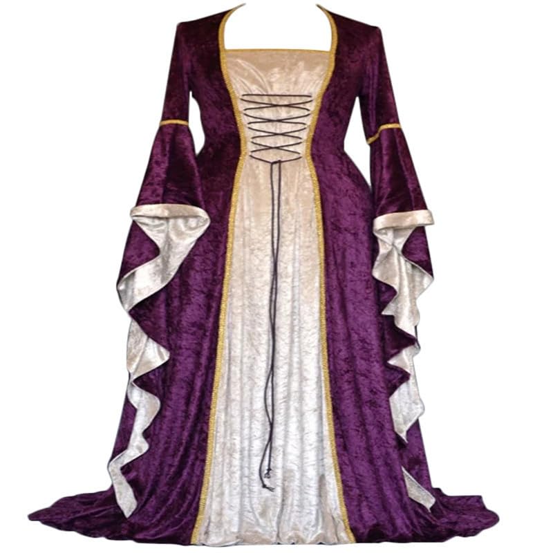 Gammify Vestido medieval para mujer, estilo retro medieval con mangas de trompeta, vestido de reina victoriana, renacentista, gótico, vestido maxi para carnaval, Halloween, fiesta de princesa