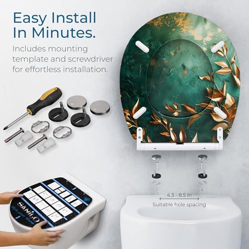 Image of Sanilo Wooden Toilet Seat with Quick Release & Soft Close [ROUND] - Decorative & Slow Close Molded Wood Seat - With One Click for Easy Installation & Cleaning - With Adjustable Fit (Greego)