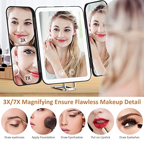 Touchfeel Travel Lighted Makeup Mirror, Rechargeable Lighted Vanity Mirror With 1X/3X/7X Magnifying, Portable Folding Tabletop Cosmetic Mirror With 3 Color Lights And Touch Sensor Design (Black) #TOP3