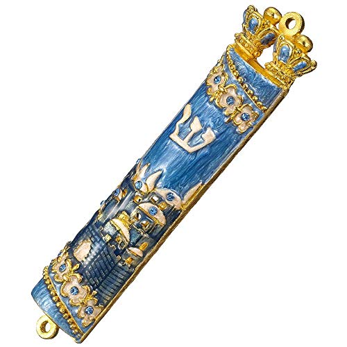 Matashi Hand Painted Mezuzah Gold Plated And Crystals (Blue Enamel Mezuzah Jerusalem City) #TOP2