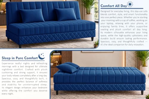 Image of Rosebell Modern 3-Seater Sofa Cum Bed Foldable Velevt Fabric Sofa, Seating, Stylish Design for Living Room, Guest Room & Office-Blue-Color