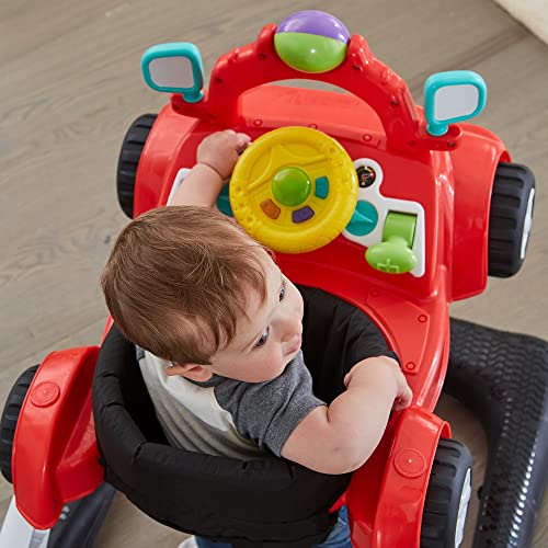 Kolcraft 4x4-2-in-1 Infant and Baby Activity Push Walker Steering Wheel with Lights, Car Sounds, Music Seated or Walk-Behind for Baby Girl or Baby Boy - Racer Red