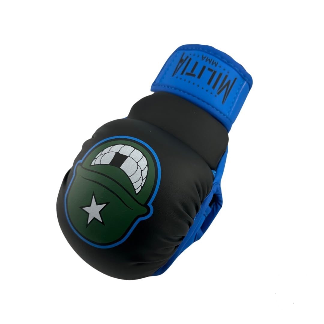 Milita MMA - 7oz MMA Sparring Training Gloves Bundle- Mouth Guard Included, Open Palm, Men & Women & Children, Kickboxing, Mauy Thai, Hybrid Grappling (Blue and Black, S)