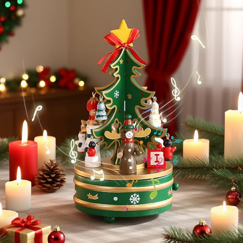 Carillon Natalizio, Rakuker Carillon per Albero di Natale, Carillon in Legno per Albero di Natale, Carillon Natale, Carillon di Natale con Musica e Ornamenti,Carrion Natalizio per Bambini Adulti,Verde