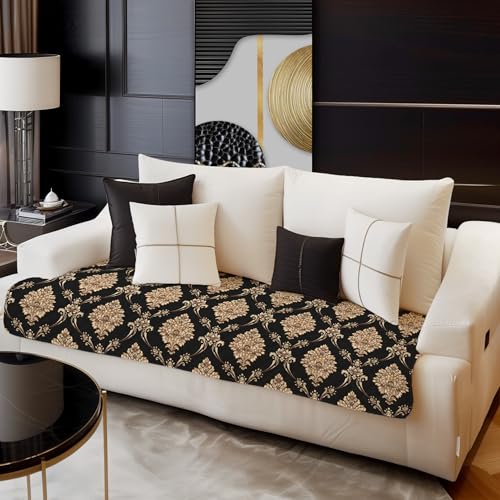 Image of Decorian Premium Soft Quilted Velvet Sofa Cover Mat, Sofa Seat Runner for Couch (Black Damask, 2 Pcs Arm Rest)