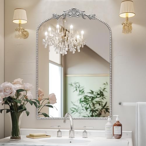 Image of Antique Silver Arch Wall Mirror, 24 inchx36 inch Traditional Vintage Mantel Mirror with Ornate Metal Frame, Baroque Victorian Mirror for Fireplace /Entryway /Bathroom /Living Room /Hallway