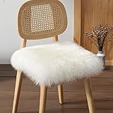 Soft Faux Sheepskin Chair Cushion, White 1.6' x 1.6' Square Fluffy Faux Fur Area Rug, Bedroom Seat C