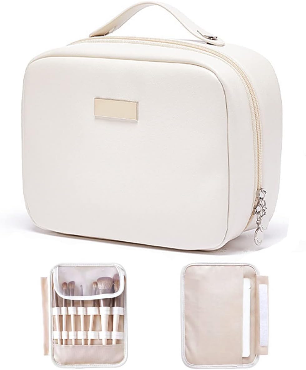 Portable Large Capacity Cosmetic Bag, Skincare Products, Makeup Brush Storage Bag, Double Layer Makeup Bag (White)