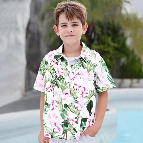 Boy Girl Hawaiian Shirt Tropical Button Down Blouse Summer Casual Beach Shirt Kid Short Sleeve Top Size 5-14 Years3