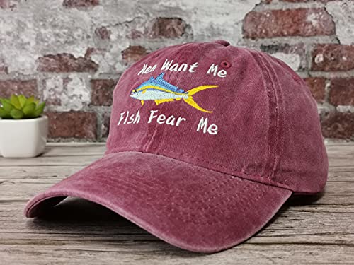 Men Want Me Fish Fear Me Hat, Burgundy Dad Hat Adjustable Fishing Baseball Caps Embroidery Snapback Hats For Women Lady #TOP1