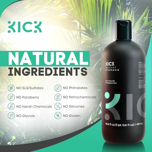 Kick Mens Shampoo - Peppermint & Tea Tree for Oil Control - Sulfate-Free, Refreshing Formula - Anti-Dandruff and Scalp Soothing - Shampoo for Oily Hair - Cruelty-Free - 16.6oz