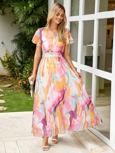 Image of Simplee Womens Floral Maxi Dress - Short Sleeve Summer Boho Wedding Guest Dress Empire Waist Chiffon Modest Midi Dresses