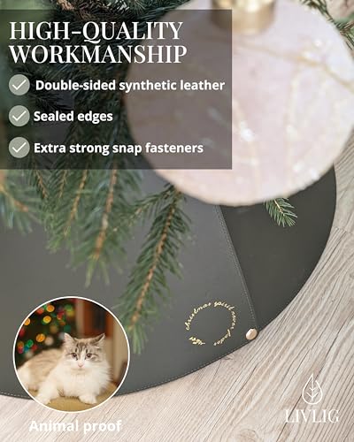 LIVLIG-2-in-1-Adjustable-Christmas-Tree-Collar-with-Gold-Print-Christmas-Tree-Skirt-Christmas-Tree-Stand-Cover-Faux-Leather-6-usable-Elements-Maximum-Size-27-inches-Gray-Green LIVLIG 2 in 1 Adjustable Christmas Tree Collar with Gold Print Christmas Tree Skirt Christmas Tree Stand Cover Faux Leather 6 usable Elements Maximum Size 27 inches Gray Green