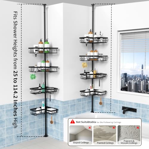 Image of KEGII Corner Shower Caddy Tension Pole - Shower Tension Rod Organizer, Floor to Ceiling Shower Caddy 25-114.2 inch, Towel Rack Corner Waterproof, Black