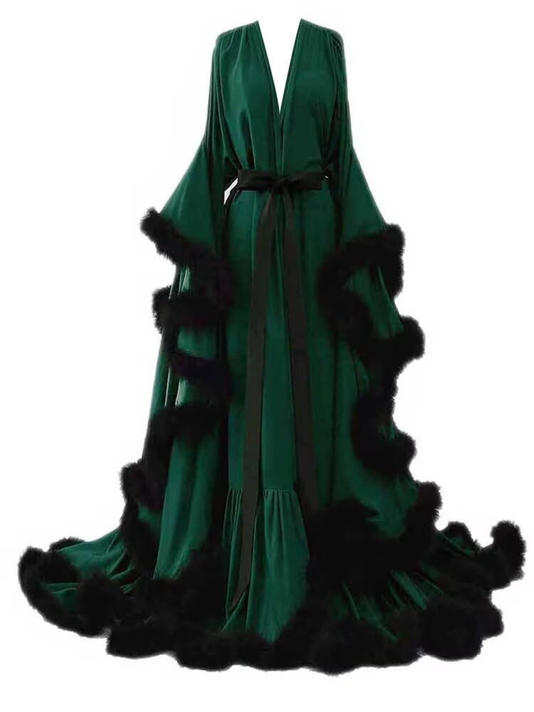 ChanguanFeather Bridal Robe Silk Satin Robes Old Hollywood Long Nightgown Lingerie Bathrobe Sleepwear Maternity Photoshoot