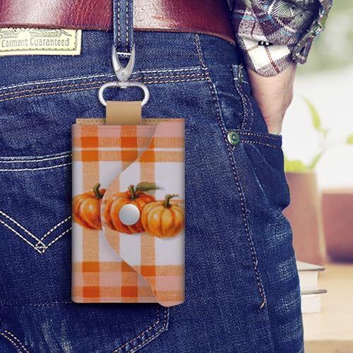 Range White Plaid Pattern Pumpkins Ribbon Bow Key Holder Bag PU Leather ID Card Holder Keychains Case Cover for Men Women4