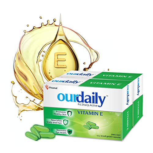 Image of OurDaily Vitamin E Capsules for Face & Hair by Piramal | 400mg | 240 capsules | 24 Strips | Vitamin E Tablet for Beautiful Glowing Face, Healthly Skin, Hair & Eyes Nutrition