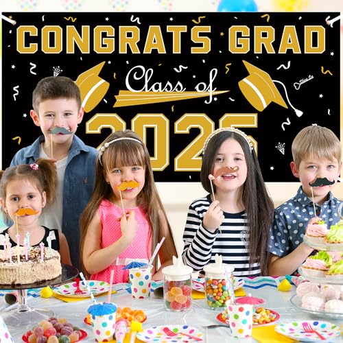 Image of 2026 Graduation Decorations - Black Gold Polyester Graduation Backdrop - Graduation Party Decorations - Congrats Grad Banner - Graduation Decorations Class of 2026 2027,Graduation Party Favors Supplies Yard Sign