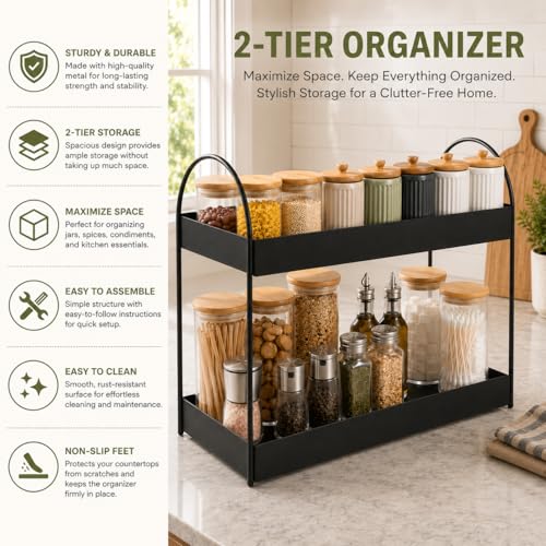 Image of Homeor 2-Tier Metal Countertop Organizer | Heavy Duty Standing Rack for Kitchen Spice Storage & Bathroom Vanity | Multi-Purpose Shelf For Kitchen, Cosmetic & Toiletry Display Shelf, Black