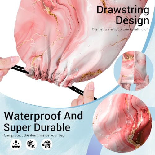 Image of Pink Marble Drawstring Storage Pouch Cloth Shoe Bags for Headphones Travel Picnic