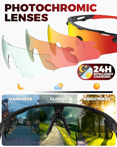 Image of Photochromic Sunglasses for Men Women, Transition Sunglasses for Cycling | Lightweight TR90 Frame, UV Protection, Photochromic Lens, Adjustable Nose Pad, Ideal for Cycling Driving Mtb Running
