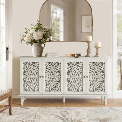 Image of White Sideboard Cabinet with Carved Doors, White Buffet Cabinet, Vintage Cabinet with Doors and Shelves, Farmhouse Storage Cabinet for Dining Room, Living Room & Entryway