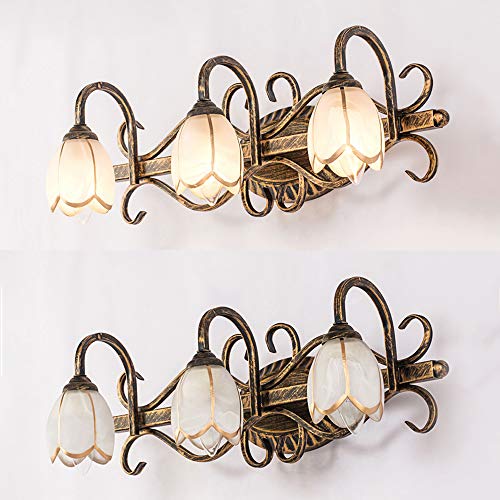 Image of LITFAD LED Wall Sconce Lighting Lotus Shade Bathroom Vanity Light Metal 3 Lights Vintage Style Rust-Proof Wall Light in Bronze for Bedroom Dresser