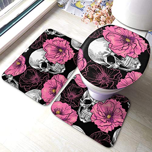 RedBeans Rutschfeste Badvorleger-Set, 3-teilig, Flanell, mit Totenkopf-Motiv, rosa Blume, Badezimmer-Set, inklusive…