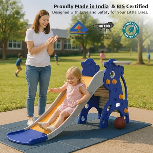 Image of Amazon Brand - Solimo Modern Unicorn Slide-Junior for 2-5 Year Kids| Indoor Outdoor SlideIwith Basketball RingIEasy to CleanIRounded EdgesIEasy AssemblyISmall 42 X 62 X 75cmIBlue&Orange